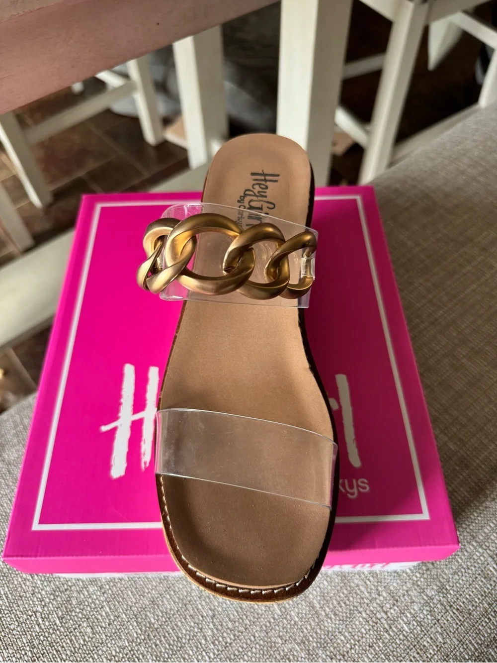 HeyGirl by Corky’s Clear Cork Wedge Sandals with Gold Chain Detail -NWT!